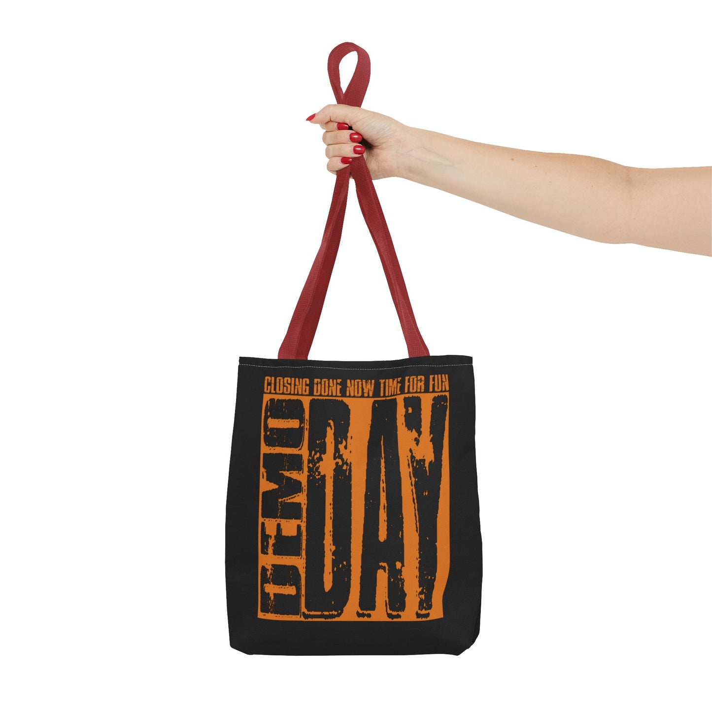 Demo Day Closing Done Now Time for Fun Lead Generation Two-Sided Black Tote Bag with Custom Phone Number