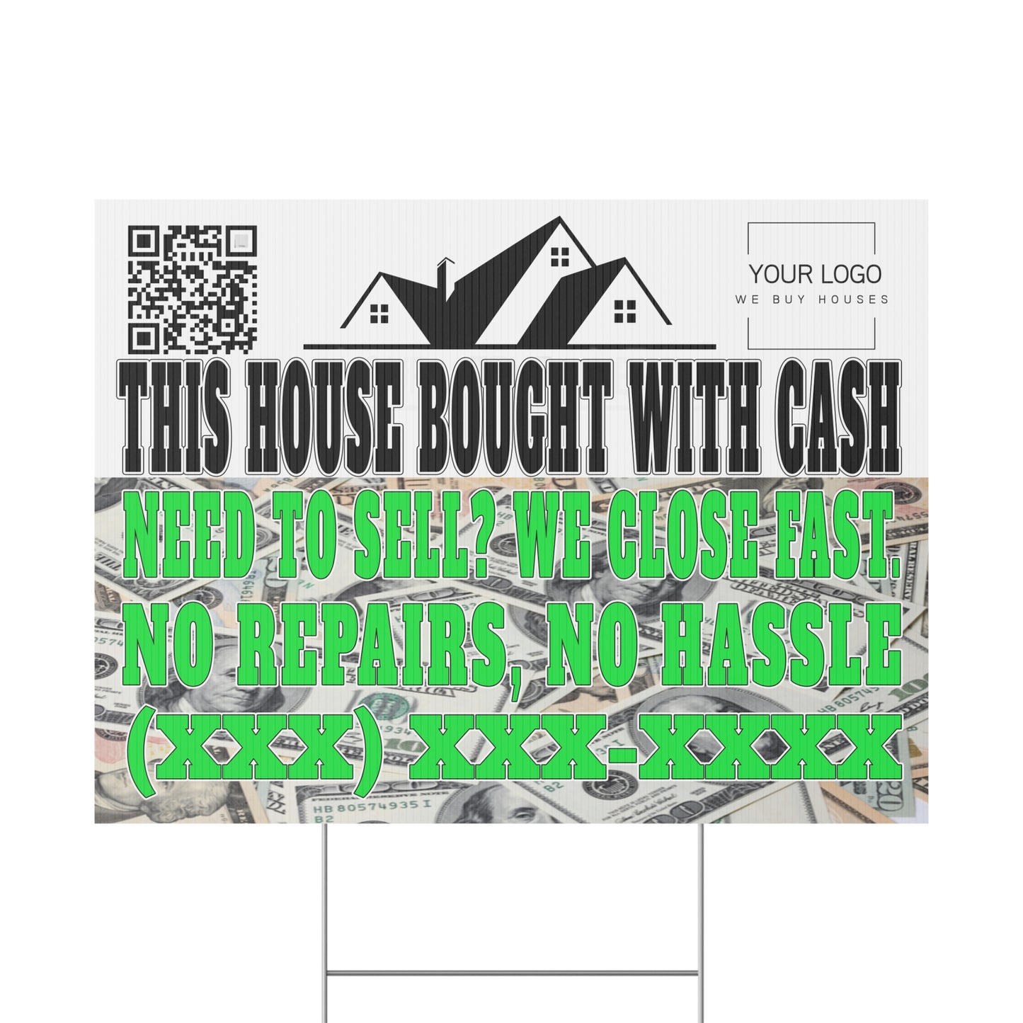 This House Bought with Cash 24" x 18" Plastic Yard Sign - Flippers, Wholesalers, Real Estate Investors