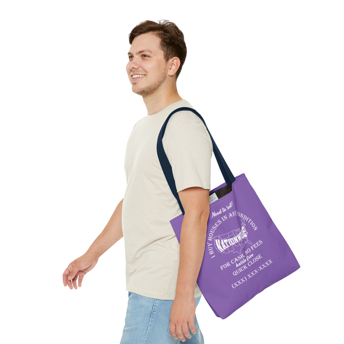 I Buy Houses Nationwide Real Estate Investor Two-Sided Purple Tote Bag with Custom Phone Number