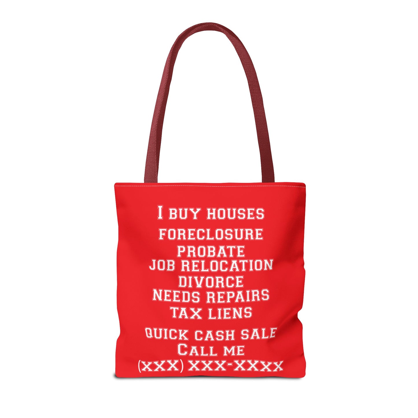 Foreclosure Rescue Real Estate Investor Two-Sided Red Tote Bag with Custom Phone Number