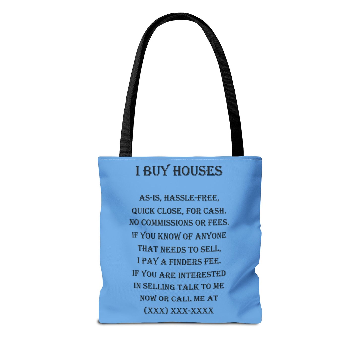 I Buy Houses Nationwide Real Estate Investor Two-Sided Blue Tote Bag with Custom Phone Number