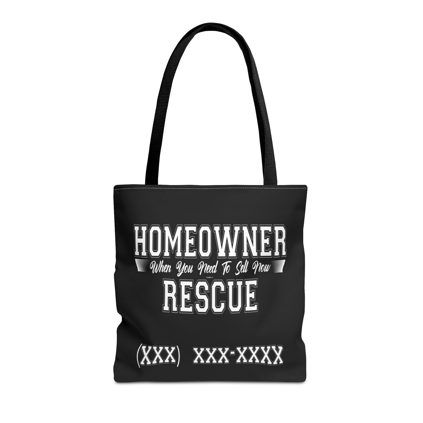 Homeowner Rescue Real Estate Investor Two-Sided Black Tote Bag with Custom Phone Number