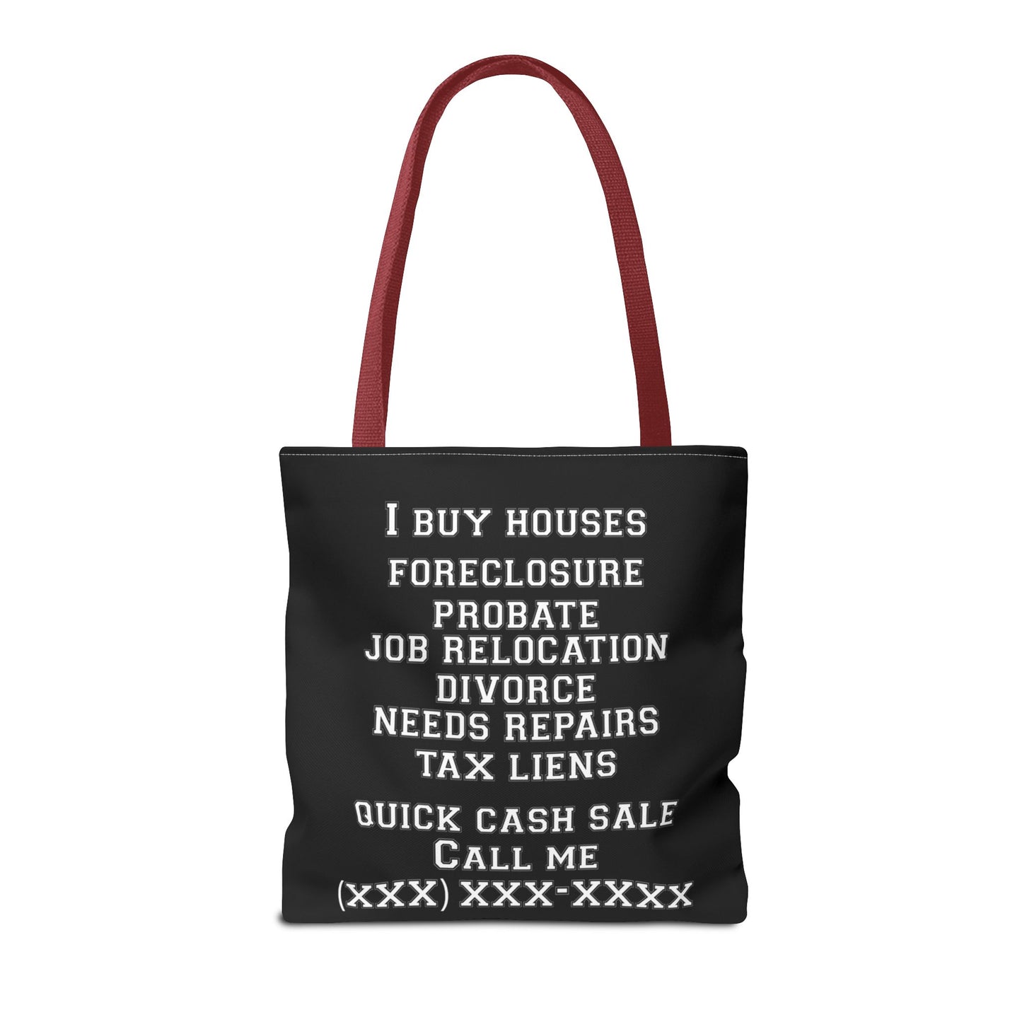 Homeowner Rescue Real Estate Investor Two-Sided Black Tote Bag with Custom Phone Number