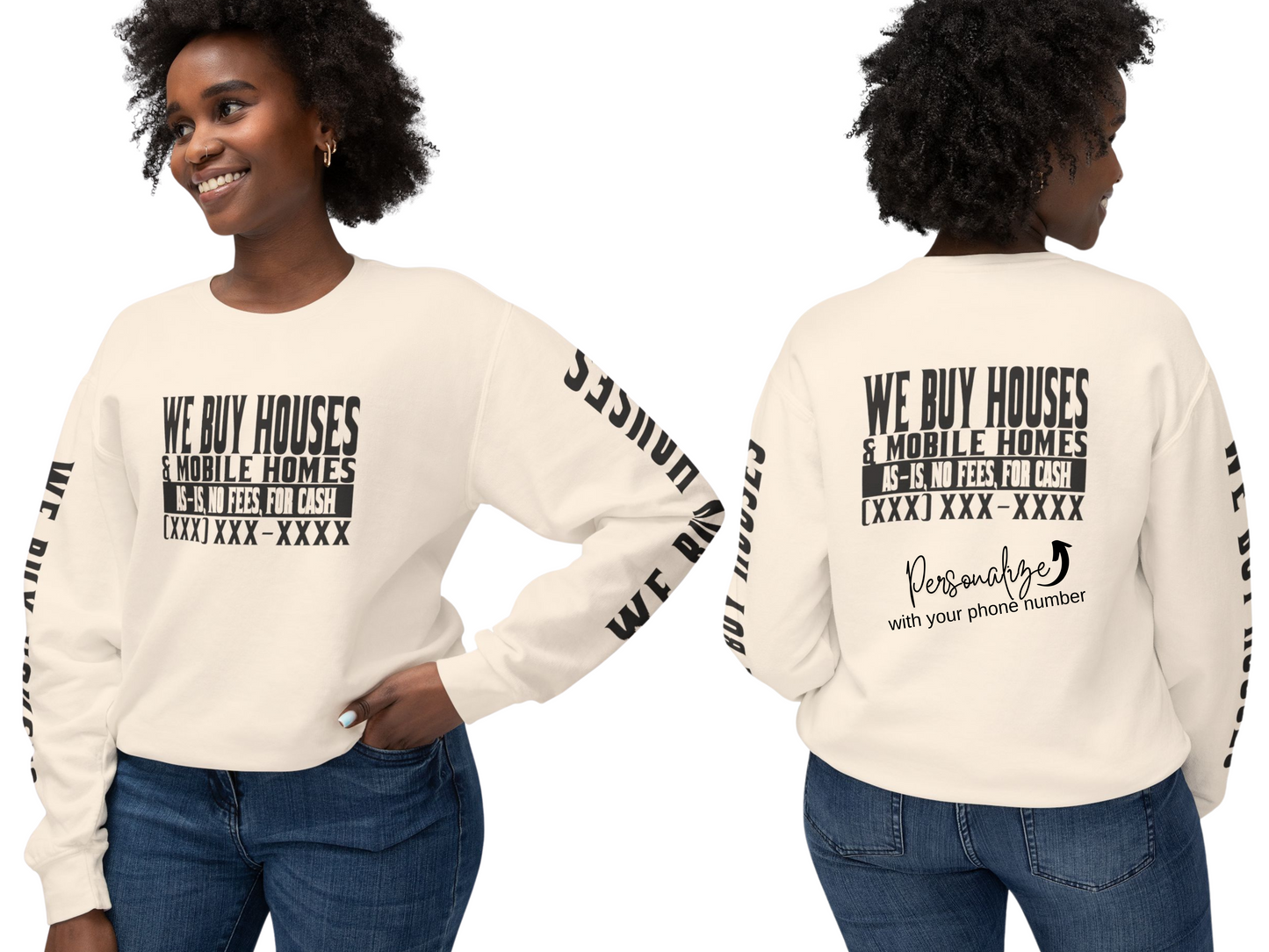 We Buy Houses & Mobile Homes Real Estate Investor, Wholesaler and Flipper Lead Generation Unisex Lightweight Crewneck Sweatshirt