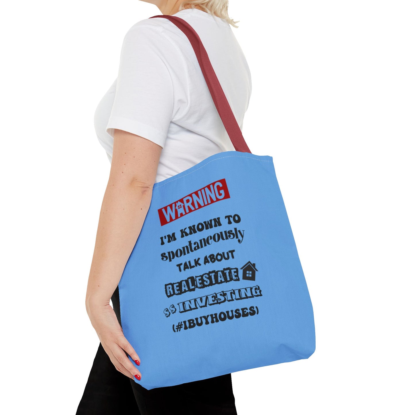 Warning I'm Known to Spontaneously Talk About Real Estate Investing Real Estate Investor Two-Sided Blue Tote Bag with Custom Phone Number