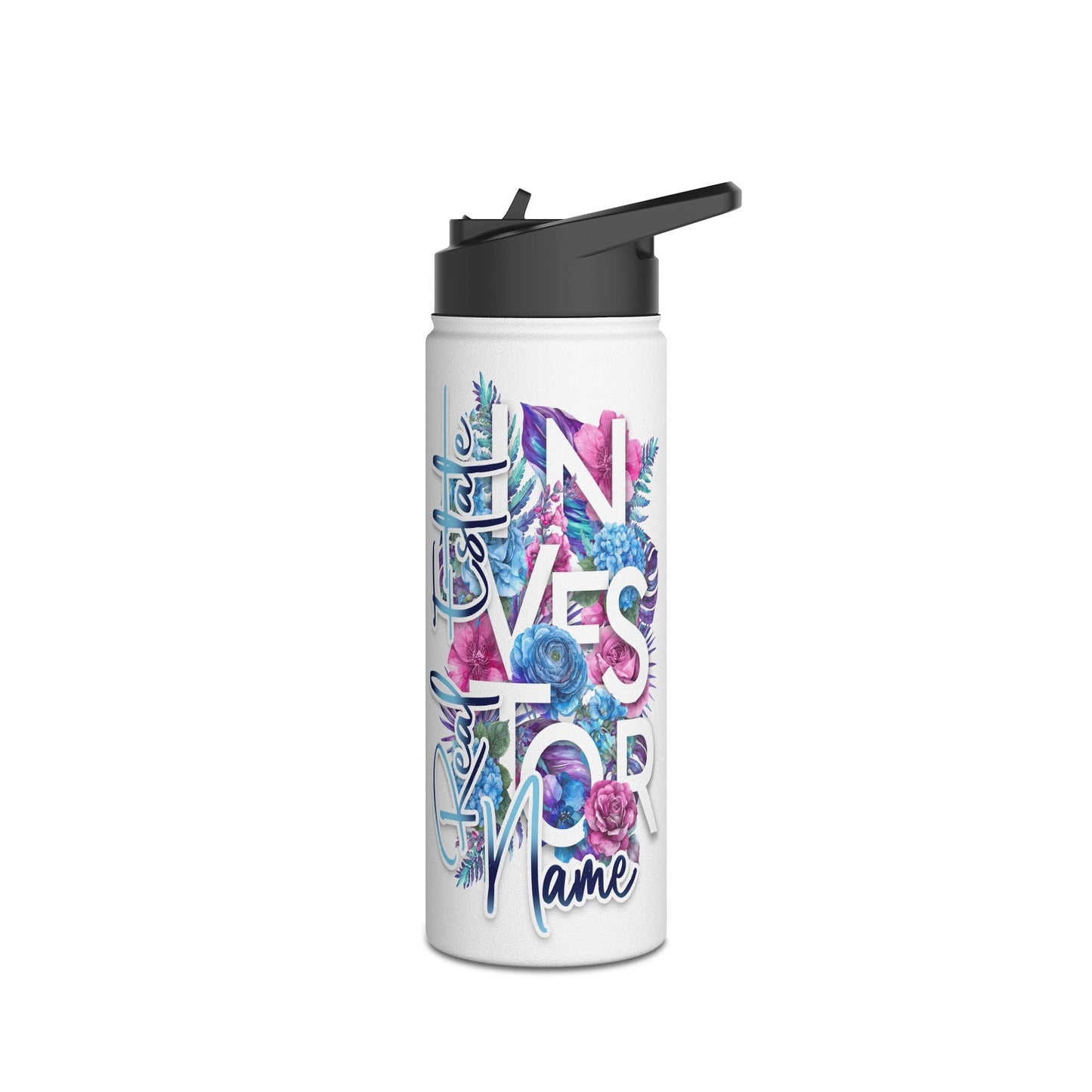 Floral Real Estate Investor Personalized Stainless Steel Water Bottle, Standard Lid