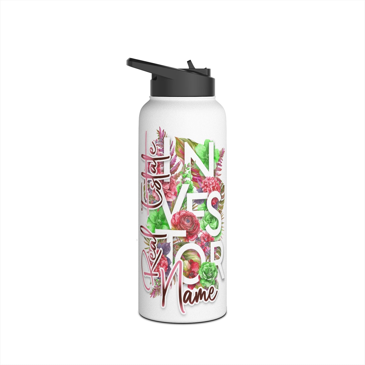 Floral Real Estate Investor Personalized Stainless Steel Water Bottle, Standard Lid