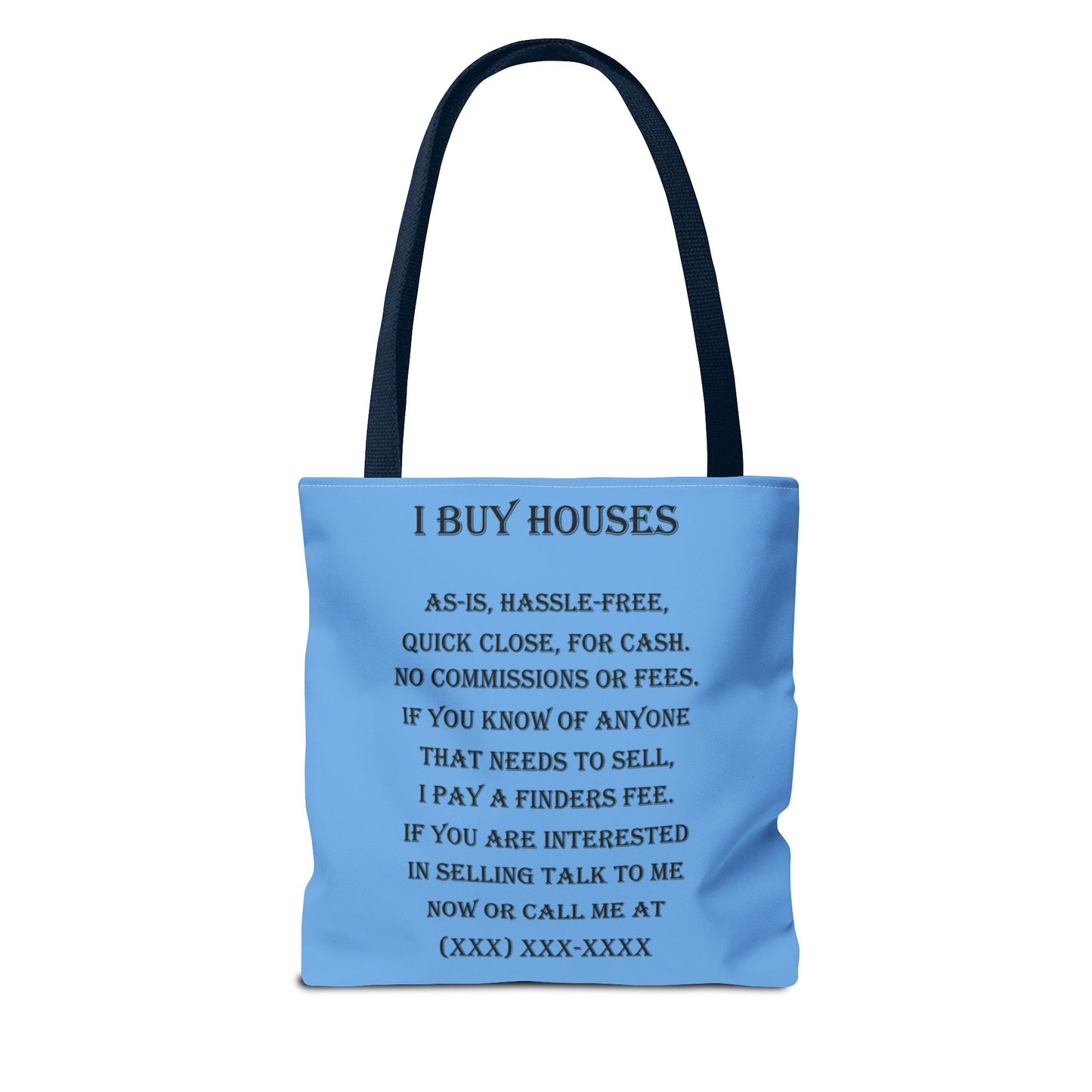 I Buy Houses Nationwide Real Estate Investor Two-Sided Blue Tote Bag with Custom Phone Number