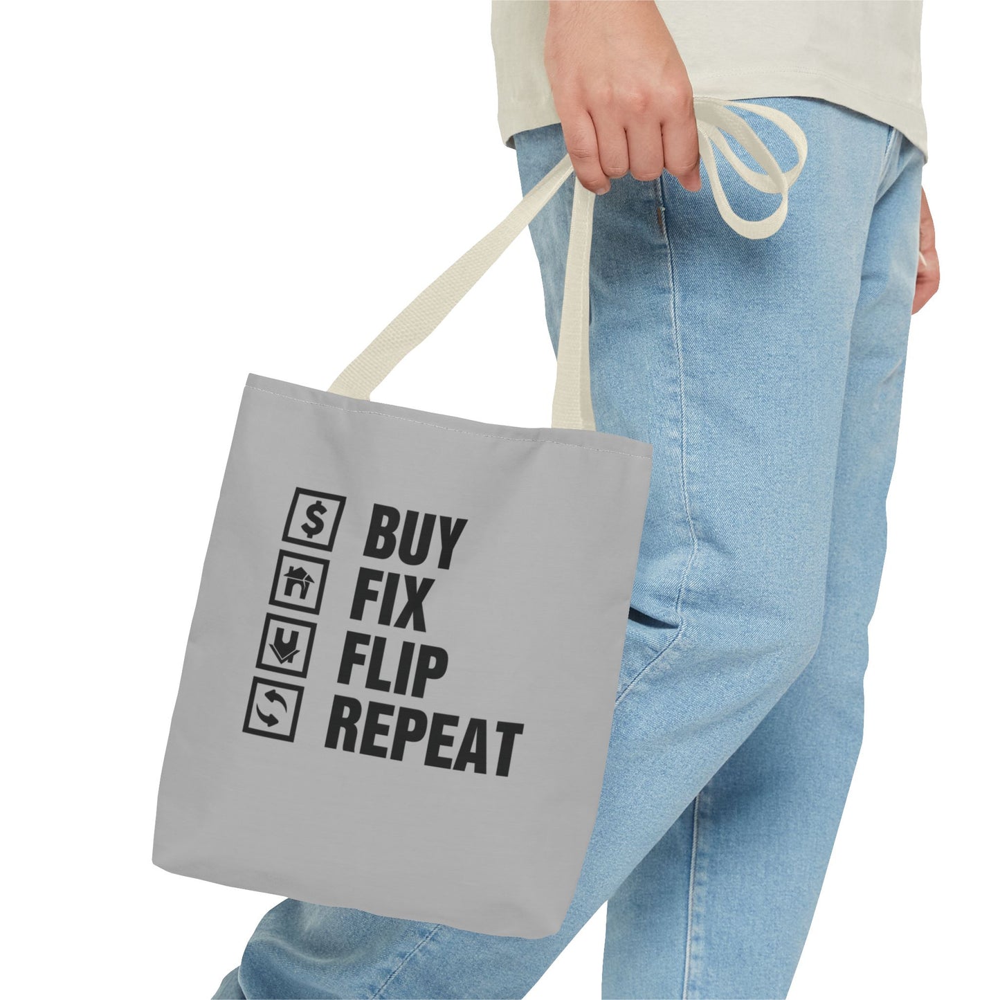 Buy Fix Flip Repeat Real Estate Investor Gray Two-Sided Tote Bag with Custom Phone Number