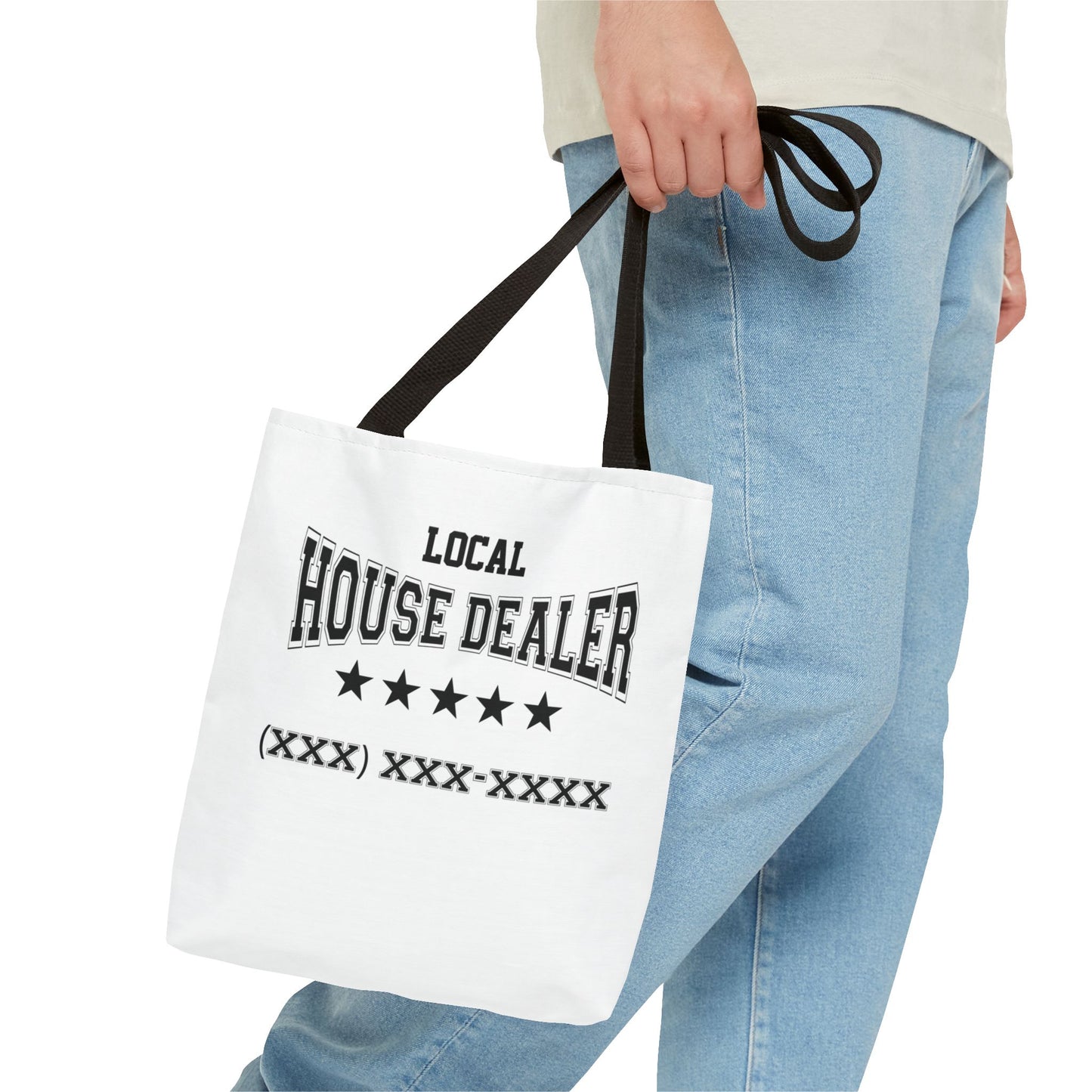 Local Five Star House Dealer Real Estate Investor Two-Sided White Tote Bag with Custom Phone Number