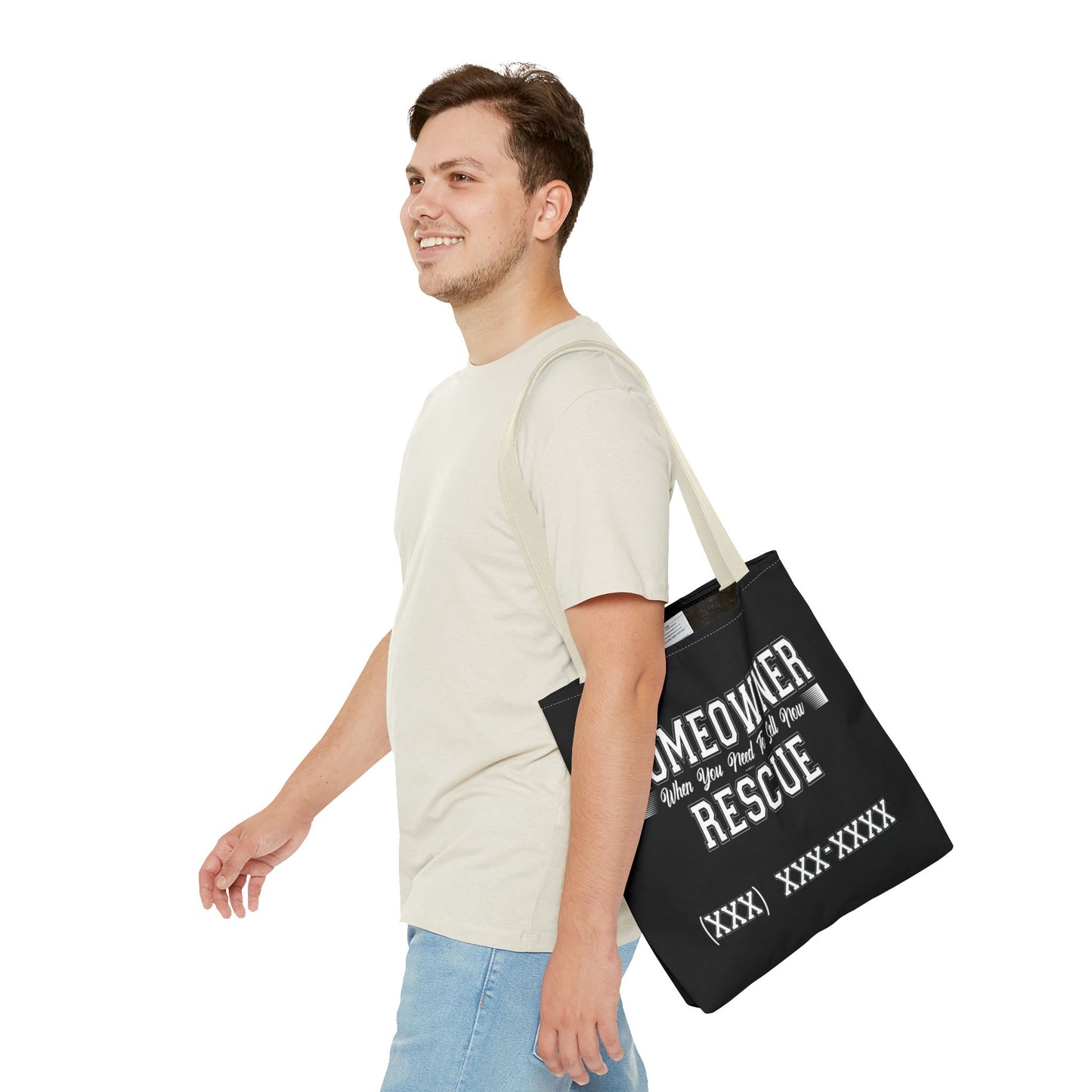 Homeowner Rescue Real Estate Investor Two-Sided Black Tote Bag with Custom Phone Number