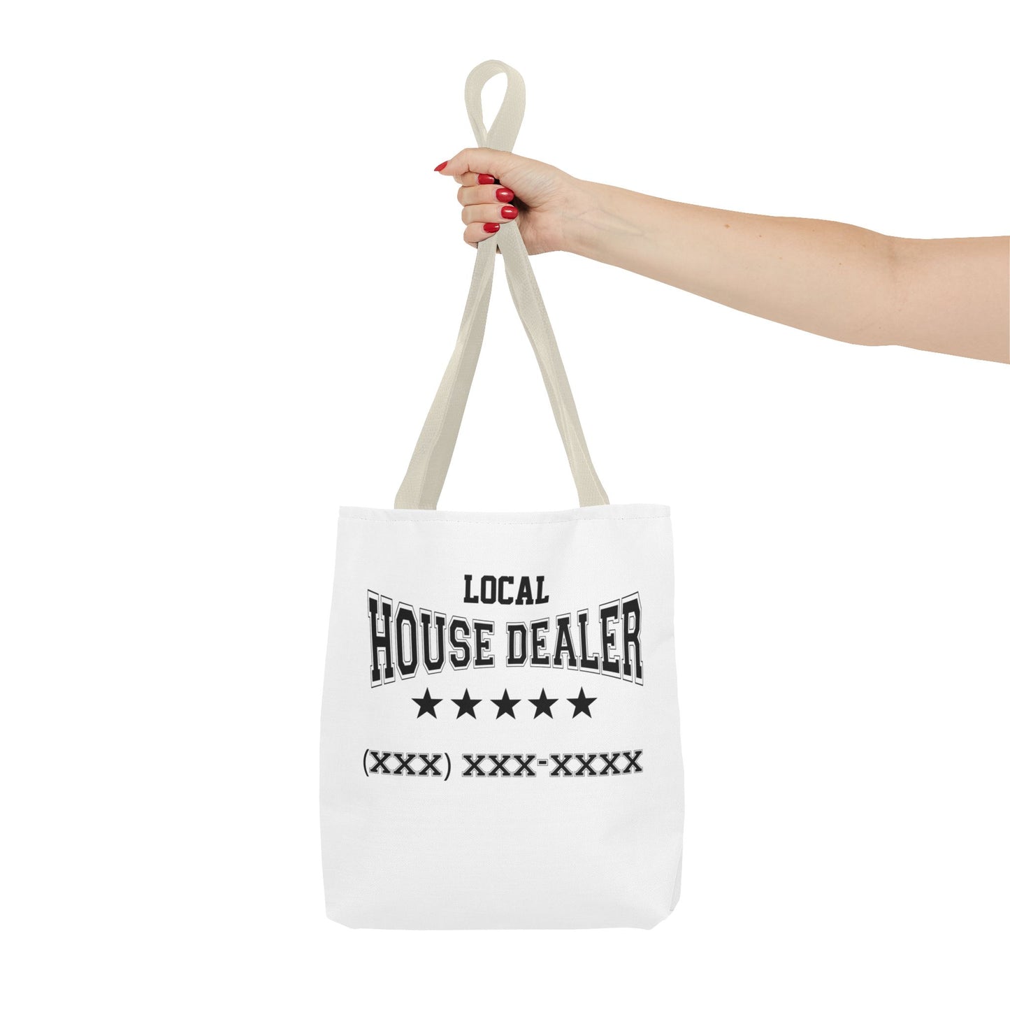 Local Five Star House Dealer Real Estate Investor Two-Sided White Tote Bag with Custom Phone Number