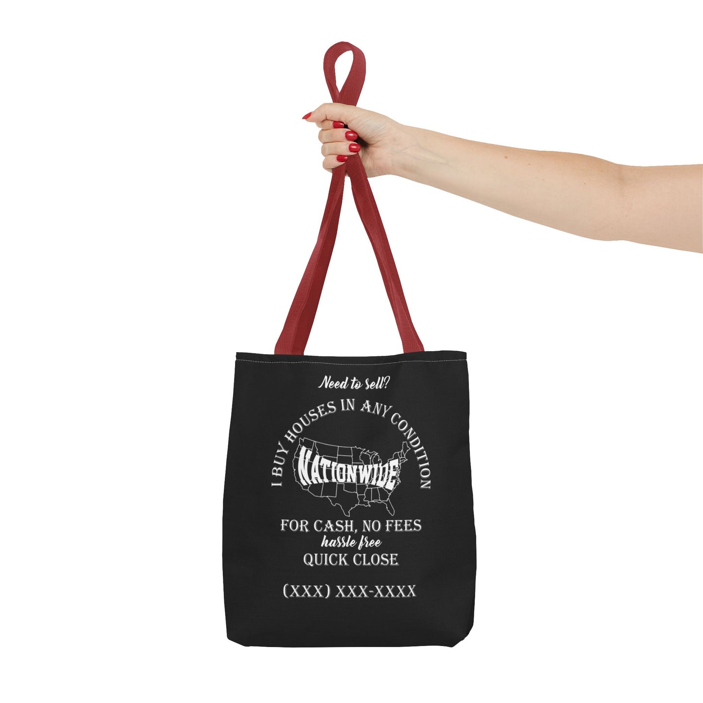 I Buy Houses Nationwide Real Estate Investor Two-Sided Black Tote Bag with Custom Phone Number