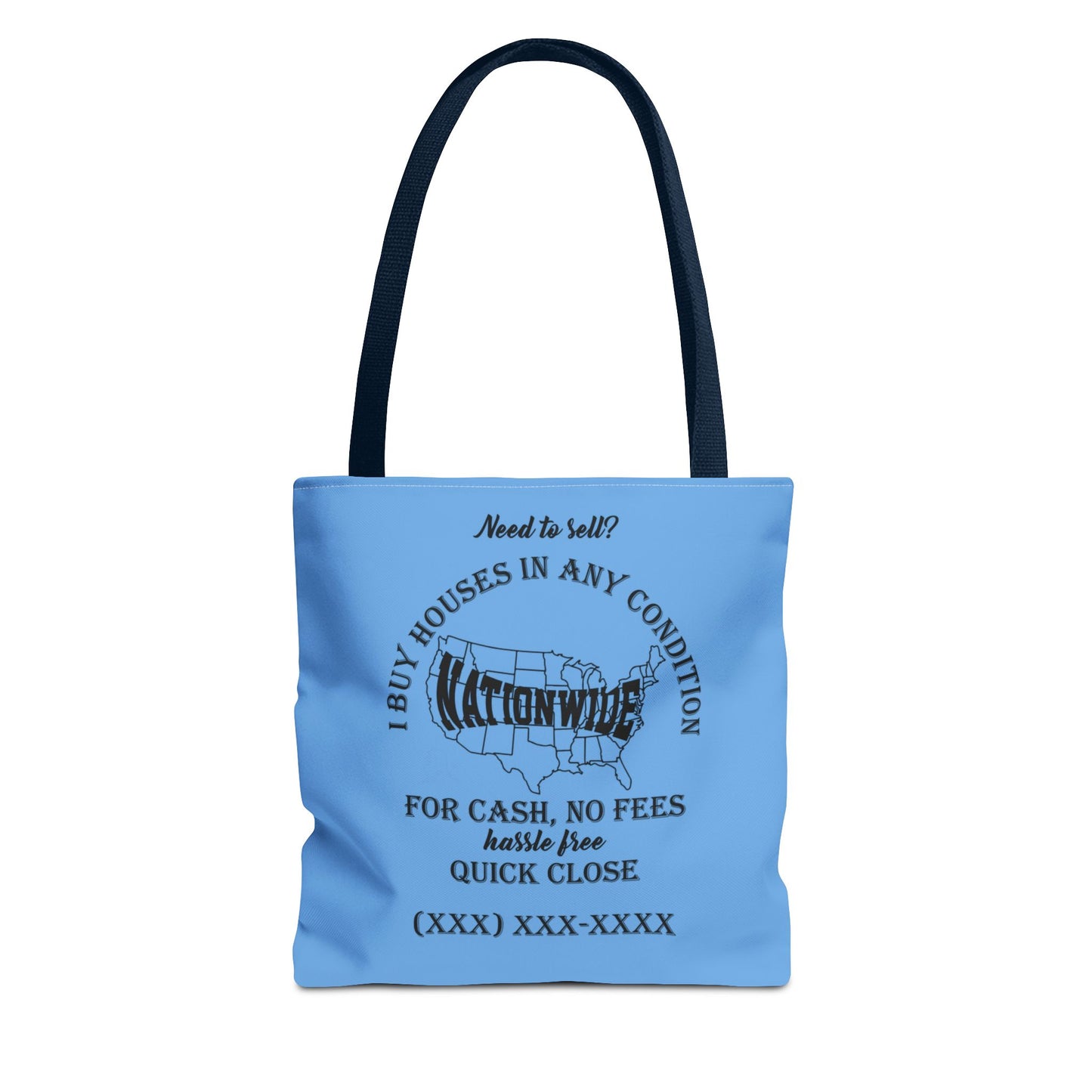 I Buy Houses Nationwide Real Estate Investor Two-Sided Blue Tote Bag with Custom Phone Number