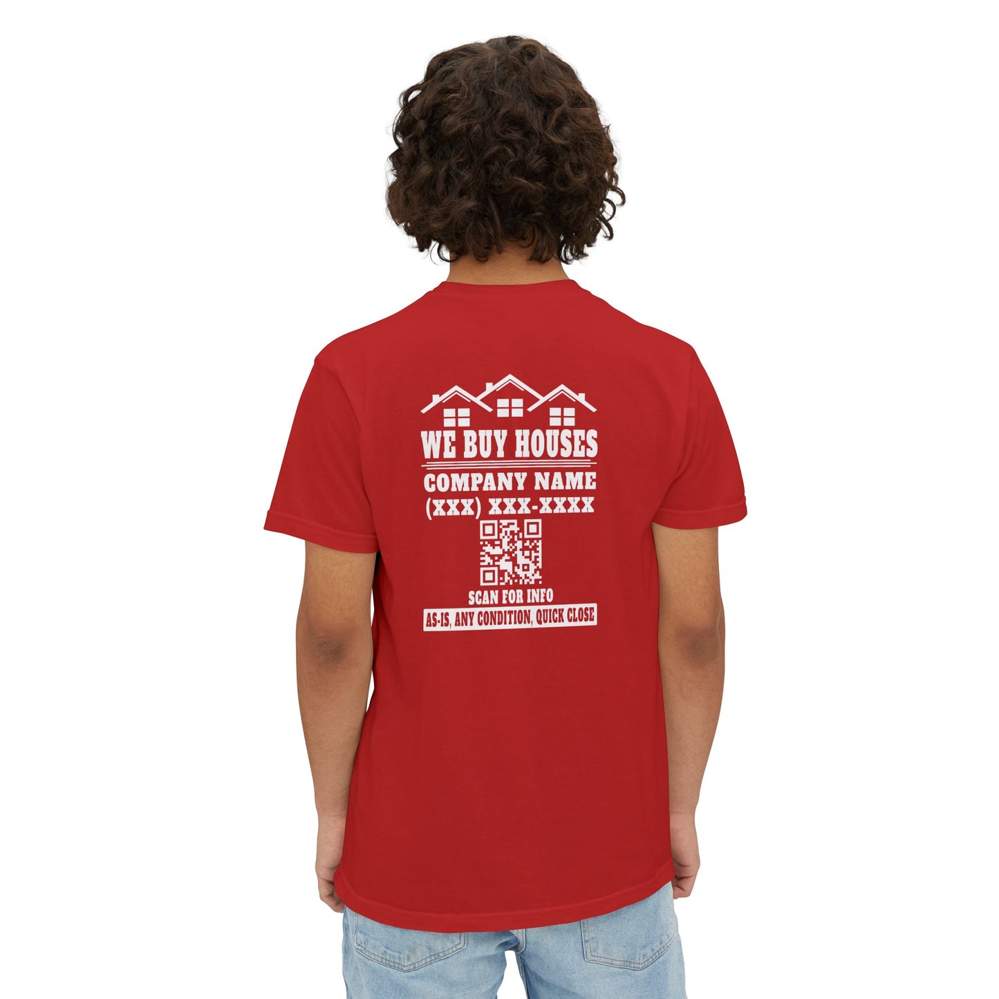 We Buy Houses Company Name Phone Number & QR Code with Front Pocket Unisex Garment-Dyed Pocket T-Shirt for Real Estate Investors, House Flippers and Wholesalers