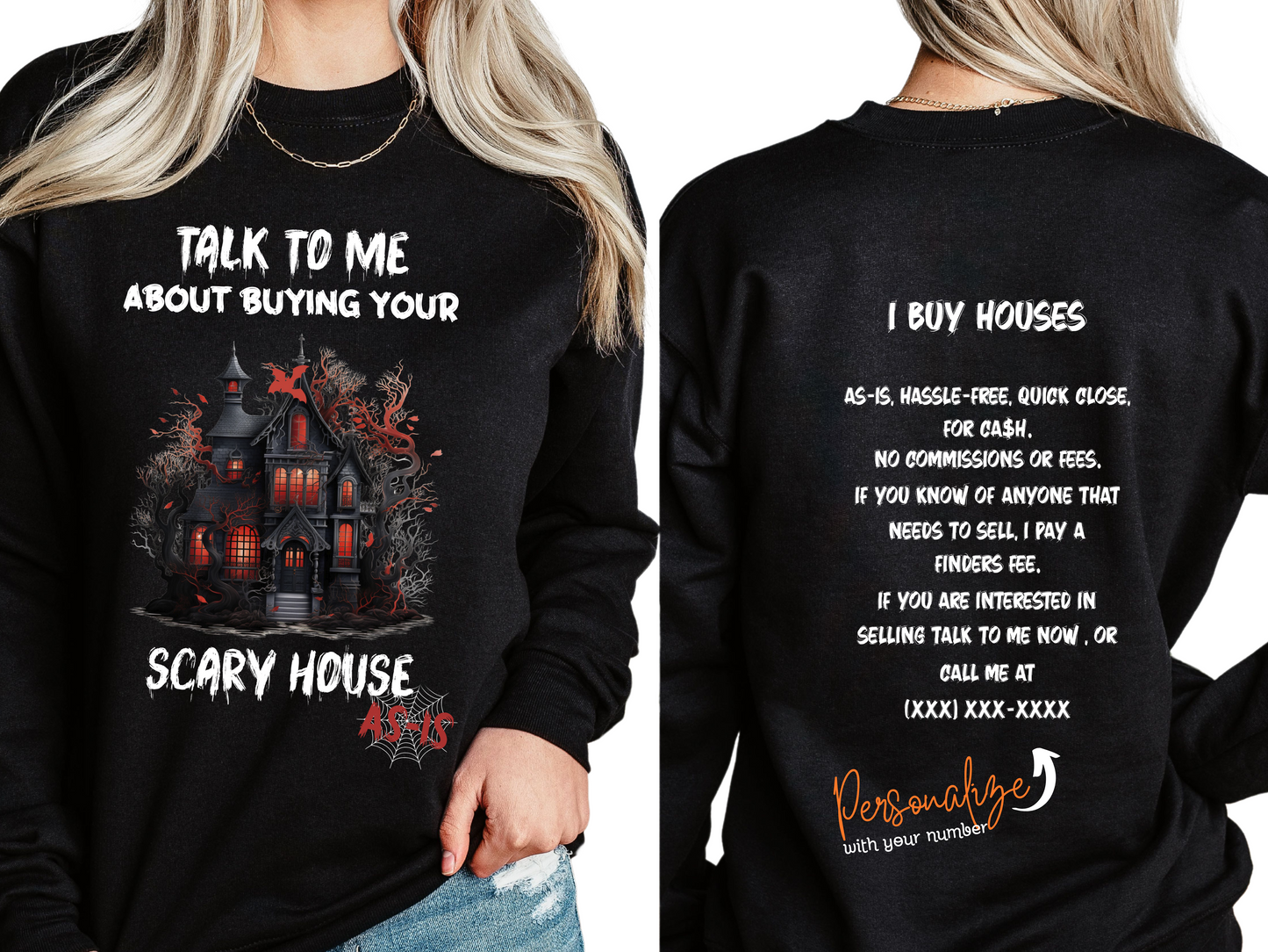 Talk to Me About Buying Your Scary House As-Is Halloween Real Estate Investor Front and Back Design Unisex Jersey Long Sleeve Tee